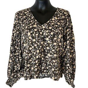Old Navy Women's M/L Peasant Top Blouse Black with Tan Baby Floral Print